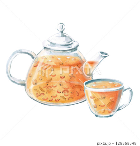 Teapot and cup composition. Isolated watercolor illustration in realistic style for design of beverage packaging, teas, tea list, culinary blogs, printing on postcards, fabric and textiles. Teapot and cup composition. Isolated watercolor illustration in realistic style for design of beverage packaging, teas, tea list, culinary blogs, printing on postcards, fabric and textiles. 128568349