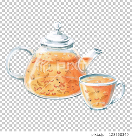 Teapot and cup composition. Isolated watercolor illustration in realistic style for design of beverage packaging, teas, tea list, culinary blogs, printing on postcards, fabric and textiles. Teapot and cup composition. Isolated watercolor illustration in realistic style for design of beverage packaging, teas, tea list, culinary blogs, printing on postcards, fabric and textiles. 128568349