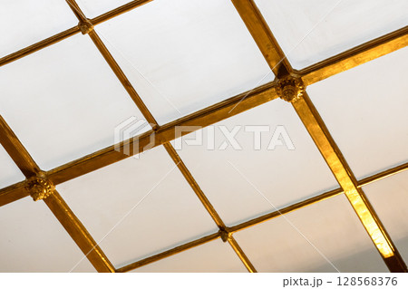 Horizontal view of a golden grid structure on a ceiling light portal 128568376