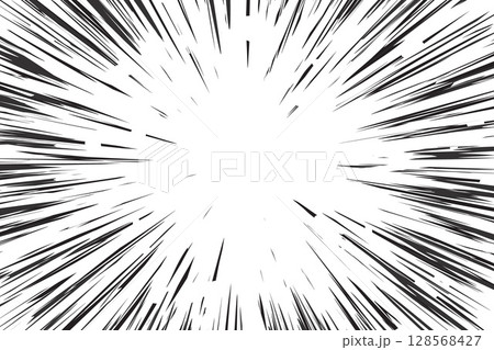 Manga speed lines effect. Comic radial anime background. Perspective action motion and rays of burst. Explosion frame with glow and roar power. Vector concentric bg 128568427