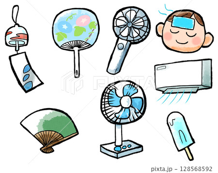 夏を涼しくするための道具のイラストセット 夏を涼しくするための道具のイラストセット 128568592