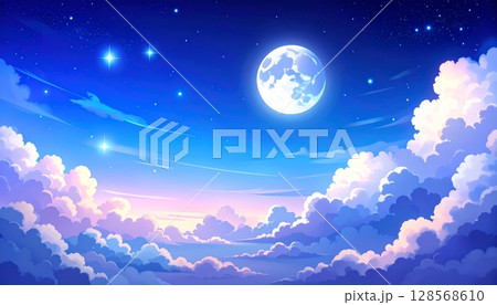 Bright moonlight illuminates a serene mountain landscape under a vast, dark blue night sky with scattered clouds and distant stars 128568610