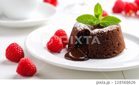 Delicious gourmet chocolate cake with fresh strawberries and raspberries, a sweet cream dessert on a plate 128568626