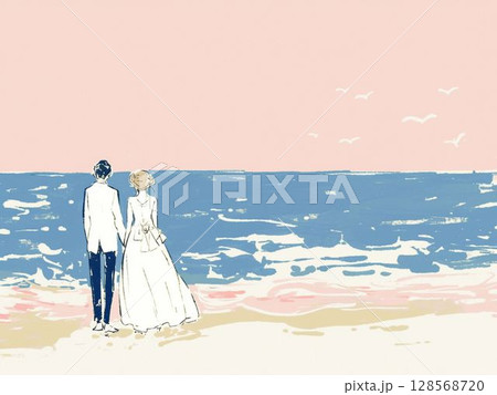 結婚式カップルの海辺シーンイラスト 結婚式カップルの海辺シーンイラスト 128568720