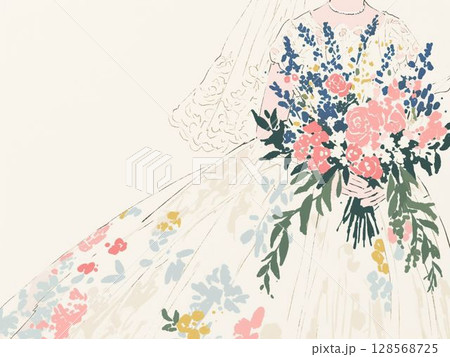 大きなブーケとフラワードレスの花嫁イラスト 128568725