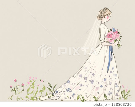 ブルーリボンが印象的な花嫁のイラスト 128568726