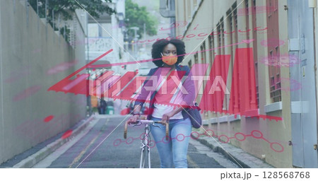 Image of covid 19 cells and statistics over african american woman in face mask with bicycle Image of covid 19 cells and statistics over african american woman in face mask with bicycle 128568768