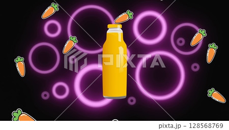 Image of falling carrots and bottle of healthy juice, with purple rings on black background Image of falling carrots and bottle of healthy juice, with purple rings on black background 128568769