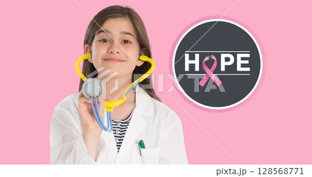 Image of breast cancer awareness text over smiling caucasian girl Image of breast cancer awareness text over smiling caucasian girl 128568771