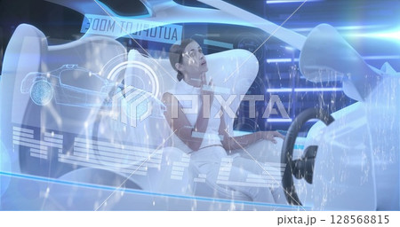 Image of statistics and data processing over woman in self drive car 128568815
