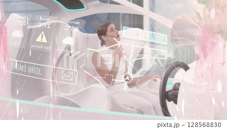 Image of statistics and data processing over woman in self drive car Image of statistics and data processing over woman in self drive car 128568830