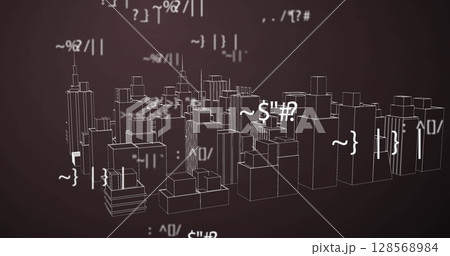 Image of numbers changing over spinning 3d model of city Image of numbers changing over spinning 3d model of city 128568984