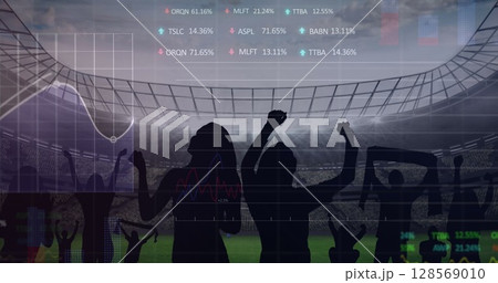 Image of graphs and data processing over cheering sports fans at stadium 128569010