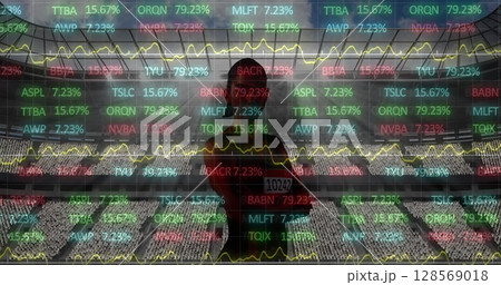 Image of data processing over female athlete at sports stadium 128569018