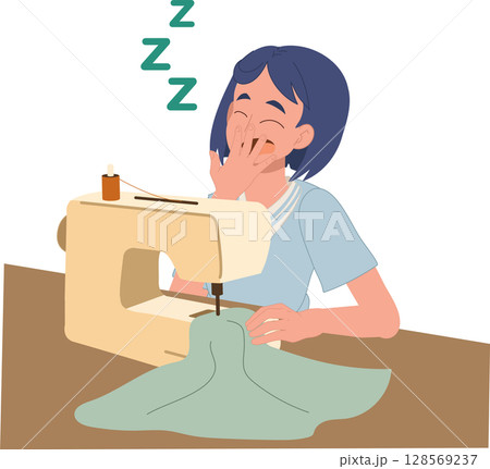 tired woman works late sewing with machine looking sleepy and fatigued after long hours in home studio 128569237