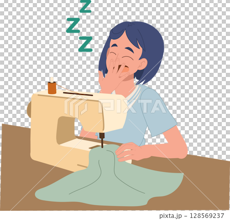 tired woman works late sewing with machine looking sleepy and fatigued after long hours in home studio 128569237