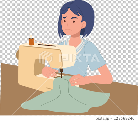 beginner woman sewing with machine looking confused. beginner woman sewing with machine looking confused. 128569246