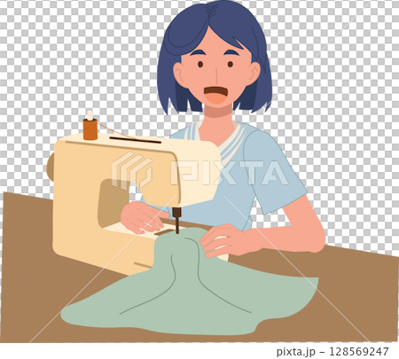 A young woman sewing fabric on a sewing machine in a flat cartoon illustration 128569247