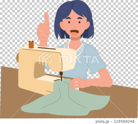 a cheerful, joyful woman sewing with a sewing machine while giving a thumbs-up a cheerful, joyful woman sewing with a sewing machine while giving a thumbs-up 128569248