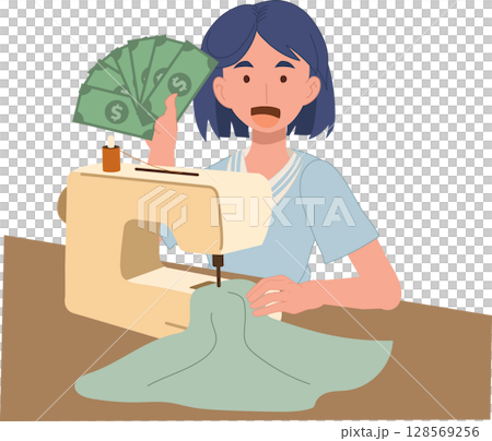 successful woman sewing and holding money fan to show handmade business income in home fashion studio 128569256