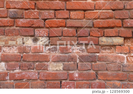 Red grunge brick wall, abstract background texture with old dirty and vintage style pattern. 128569300