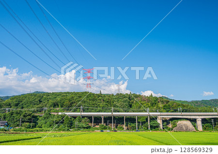 西浅井町の田園地帯を通る湖西線の高架橋 滋賀県長浜市 西浅井町の田園地帯を通る湖西線の高架橋 滋賀県長浜市 128569329