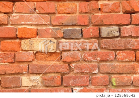 Red grunge brick wall, abstract background texture with old dirty and vintage style pattern. 128569342