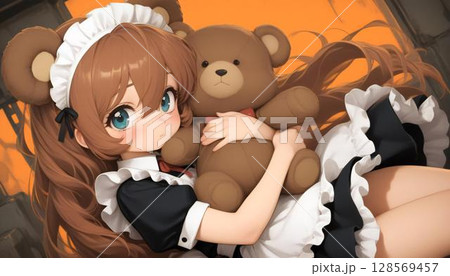 Cute Anime Girl with Bear Ears Hugging Large Teddy Bear 128569457