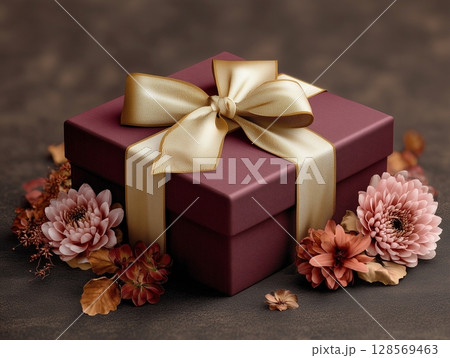 A festive maroon gift box adorned with a golden ribbon and surrounded by an assortment of autumnal flowers and leaves 128569463