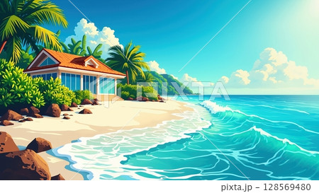 Vibrant illustration of a tropical beach with a modern house, palm trees, turquoise ocean waves, and a sunny sky with clouds 128569480