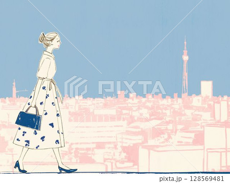 街とスカイツリーを背景に歩く女性 128569481