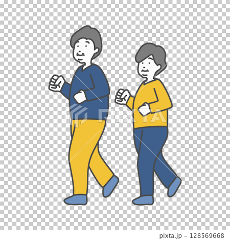 一位胖胖的老年男人和女人走路的插圖 128569668