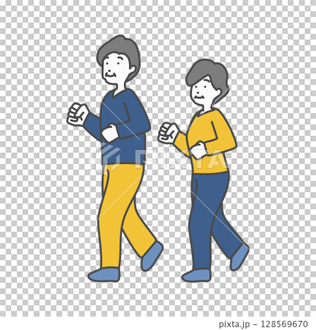 一位瘦弱的老年男子和一位婦女散步的插圖 128569670