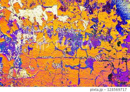 wall texture background with peeling old paint. Changed color scheme. Bright colors. 128569717
