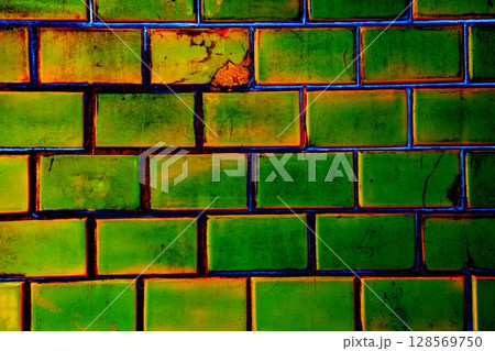 background texture of old cracked ceramic tiles, background in pastel colors. Changed color scheme. 128569750