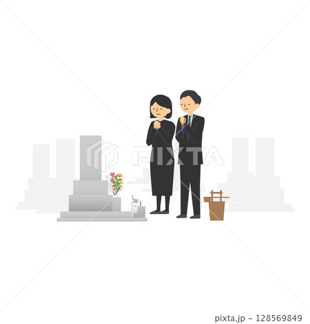 お墓参りをする男女のイラスト お墓参りをする男女のイラスト 128569849