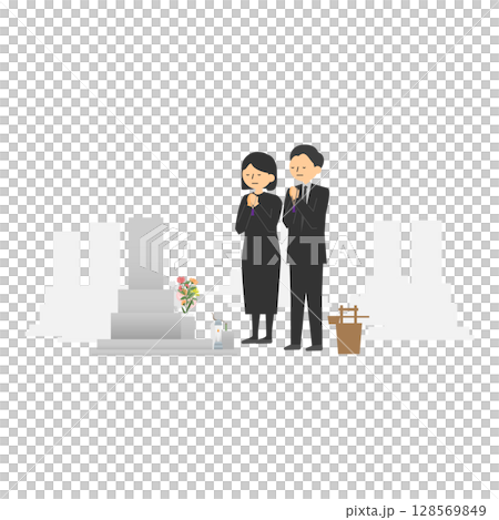 お墓参りをする男女のイラスト お墓参りをする男女のイラスト 128569849