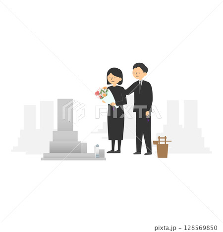 お墓参りをする男女のイラスト 128569850