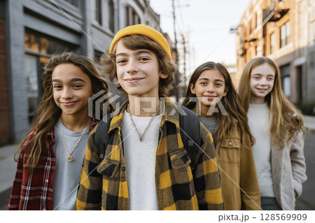 Group of diverse children walking together on a city street, ready for back to school season 128569909