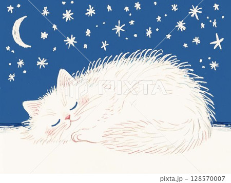 星空の下で眠る白猫のイラスト 星空の下で眠る白猫のイラスト 128570007