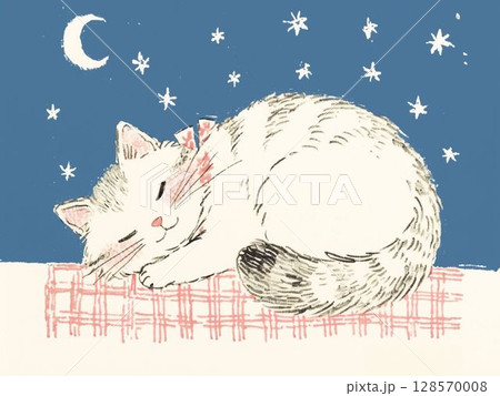 リボンをつけた猫が月夜に眠るイラスト リボンをつけた猫が月夜に眠るイラスト 128570008