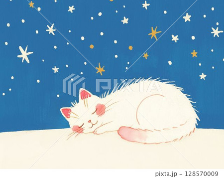 ピンクのしっぽの白猫が星空の下で眠る夜 ピンクのしっぽの白猫が星空の下で眠る夜 128570009