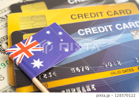 Credit card model with Australia flag, financial investment economy business banking. Credit card model with Australia flag, financial investment economy business banking. 128570122