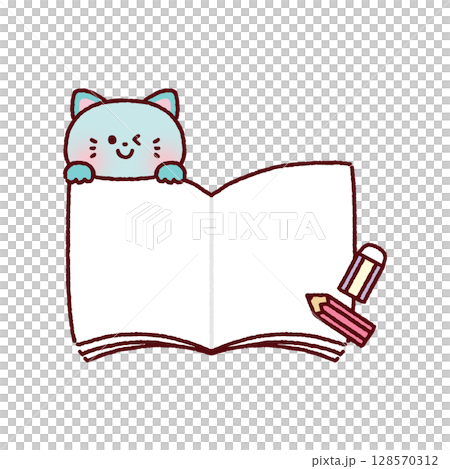 An open notebook with a cute cat, pencil and eraser 128570312