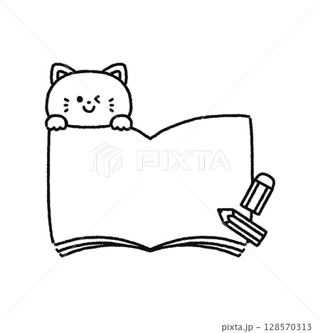 開いたノートに可愛い猫と鉛筆と消しゴム　線画 128570313