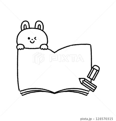 開いたノートに可愛いウサギと鉛筆と消しゴム 線画 開いたノートに可愛いウサギと鉛筆と消しゴム 線画 128570315