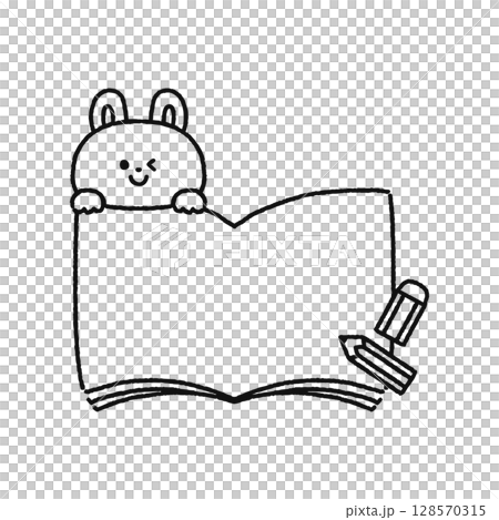 開いたノートに可愛いウサギと鉛筆と消しゴム 線画 開いたノートに可愛いウサギと鉛筆と消しゴム 線画 128570315
