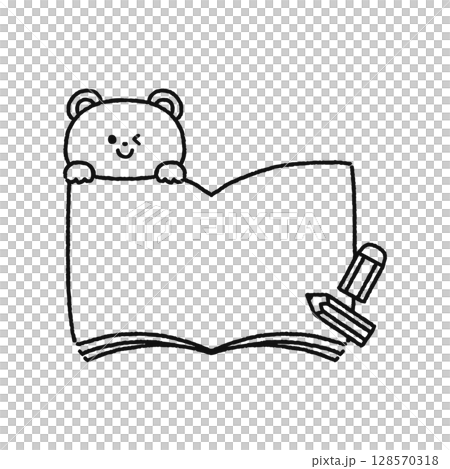 開いたノートに可愛いクマと鉛筆と消しゴム 線画 開いたノートに可愛いクマと鉛筆と消しゴム 線画 128570318