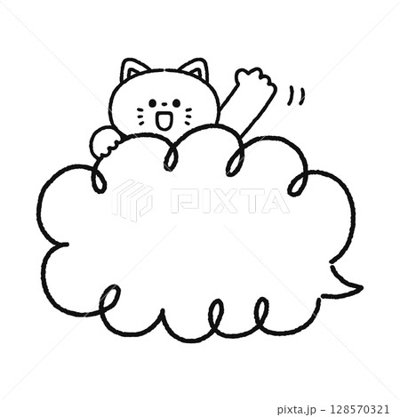 手を振る猫と吹き出し　線画 128570321