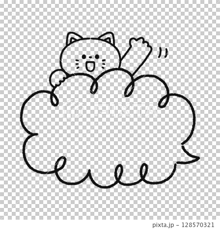 手を振る猫と吹き出し　線画 128570321